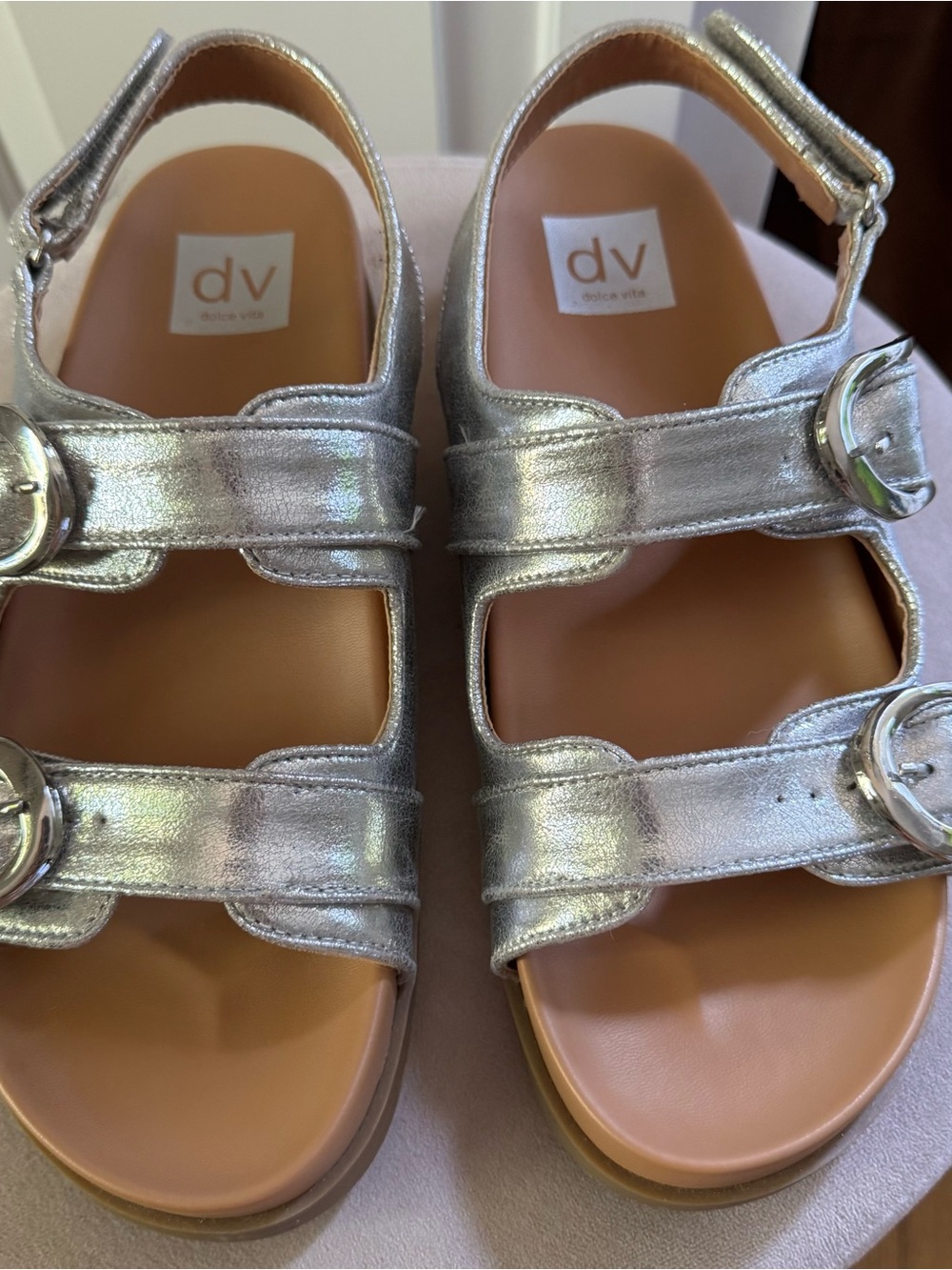 DV by Dolce Vita Almeda Metallic Silver Double-Buckle Slingback Sandals